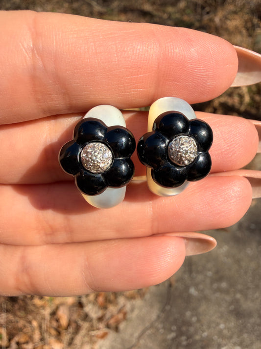 Vintage white 18K mother of pearl, diamond and onyx earrings
