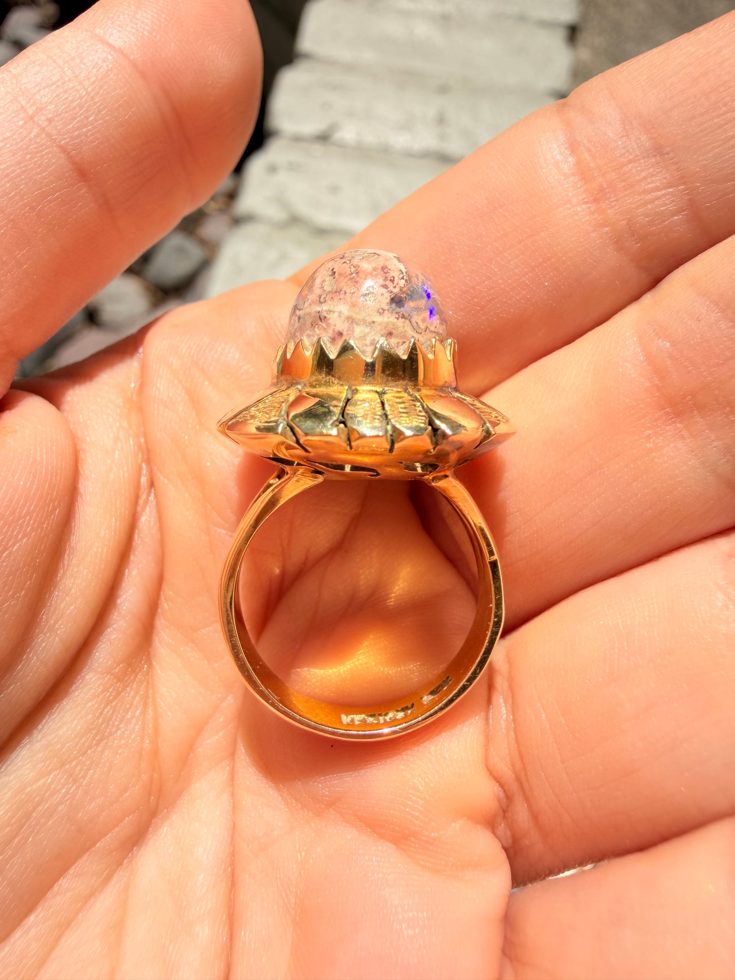 Vintage yellow 18K Boulder opal statement ring, size 7-7.25