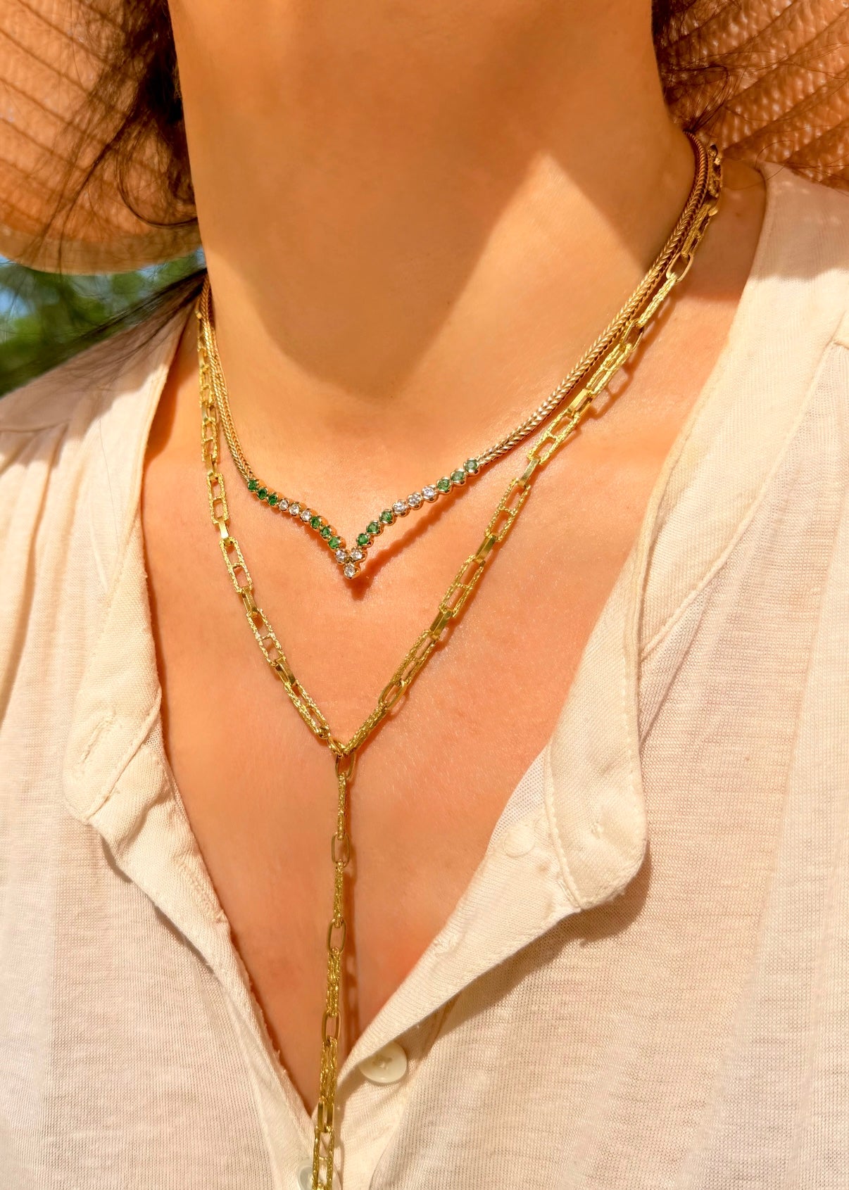 Vintage yellow 14K emerald and diamond chevron woven chain, 16 inch