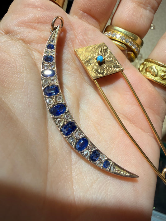 Antique yellow 9K natural sapphire and rose cut diamond crescent pendant with 14K bale