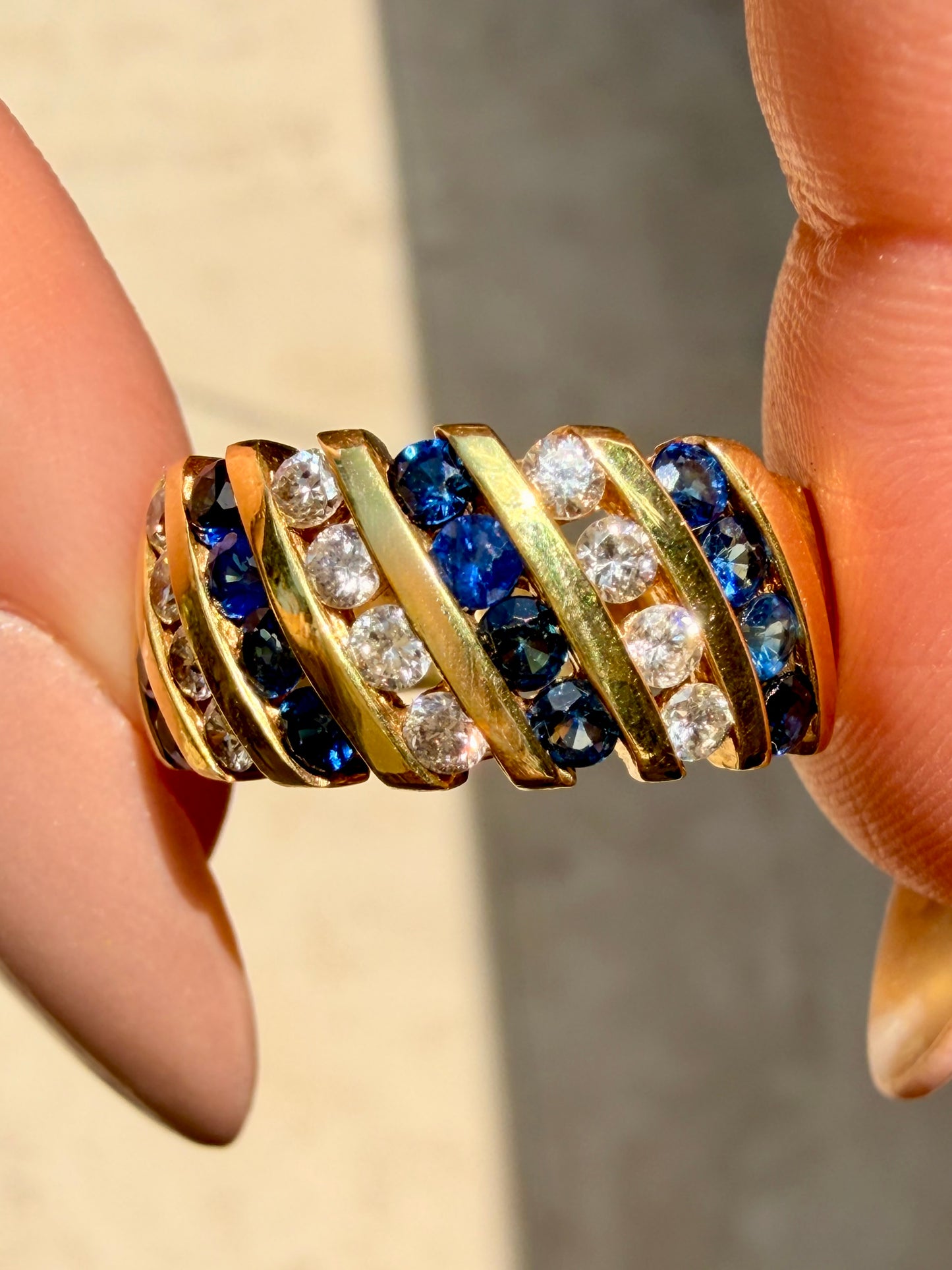 Vintage yellow 14K approx .64ctw sapphire and .36ctw diamond wide band