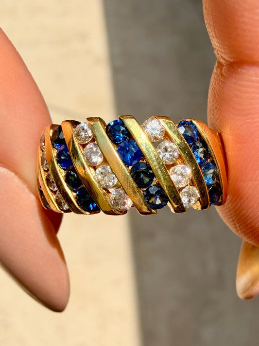 Vintage yellow 14K approx .64ctw sapphire and .36ctw diamond wide band, size 6