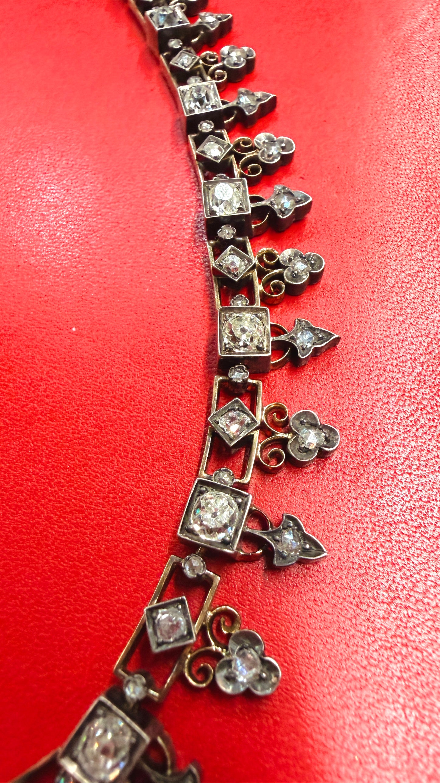 Antique 21K gold and silver topped over 7ctw Old Mine Cut diamond, rose cut diamond and pearl fringe chain, 16 and 7/8 inch