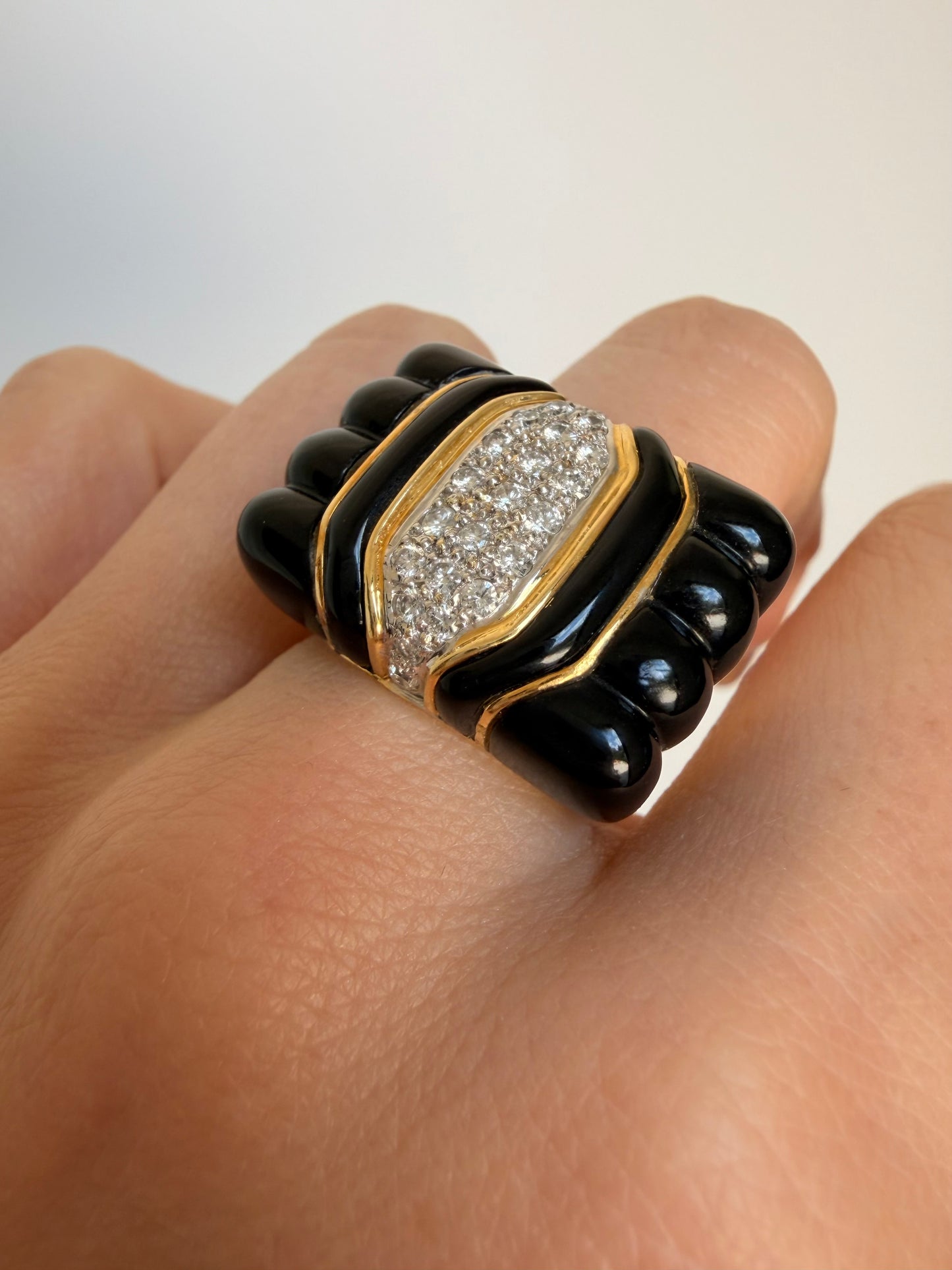 Vintage yellow 18K gold circa 1970s onyx and .23 ctw diamond statement ring, size 6.5