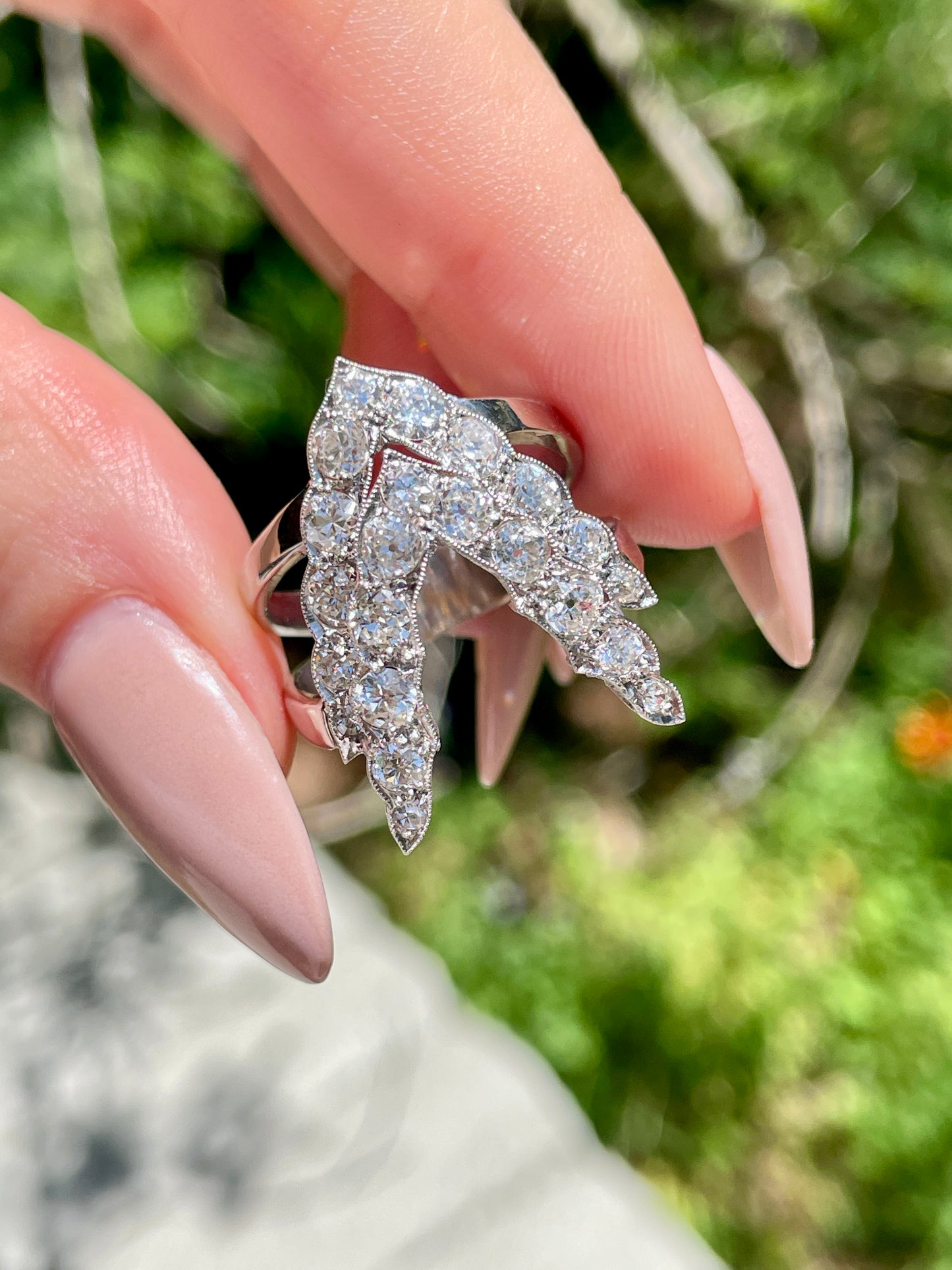 Vintage white 14K approx 2 ctw old mine cut and old european cut diamond double chevron ring, size 7
