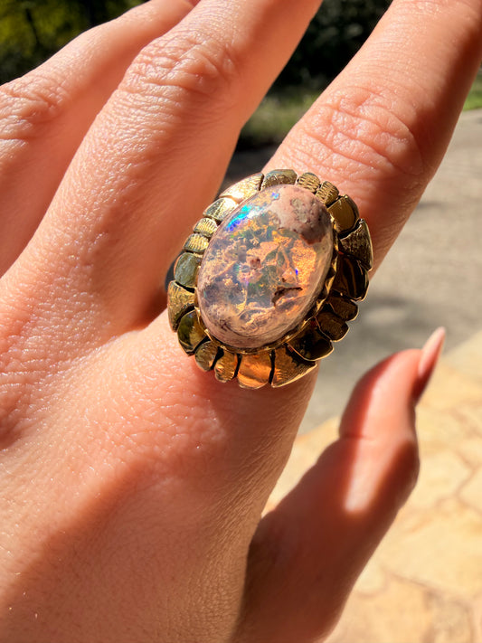 Vintage yellow 18K Boulder opal statement ring, size 7-7.25