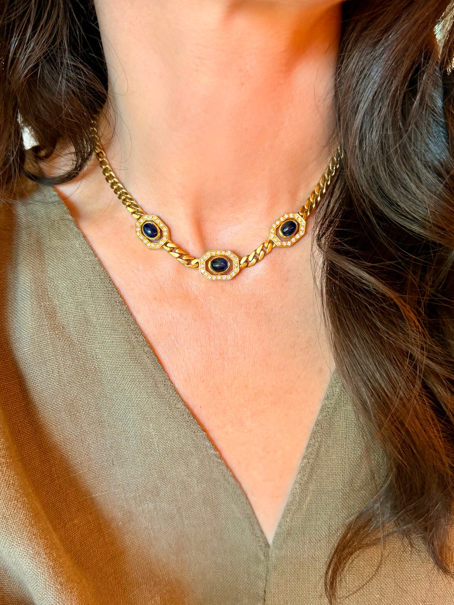 Vintage yellow 18K approx 4.5 ctw sapphire and .75 ctw diamond curb link statement necklace, 15.5 inch