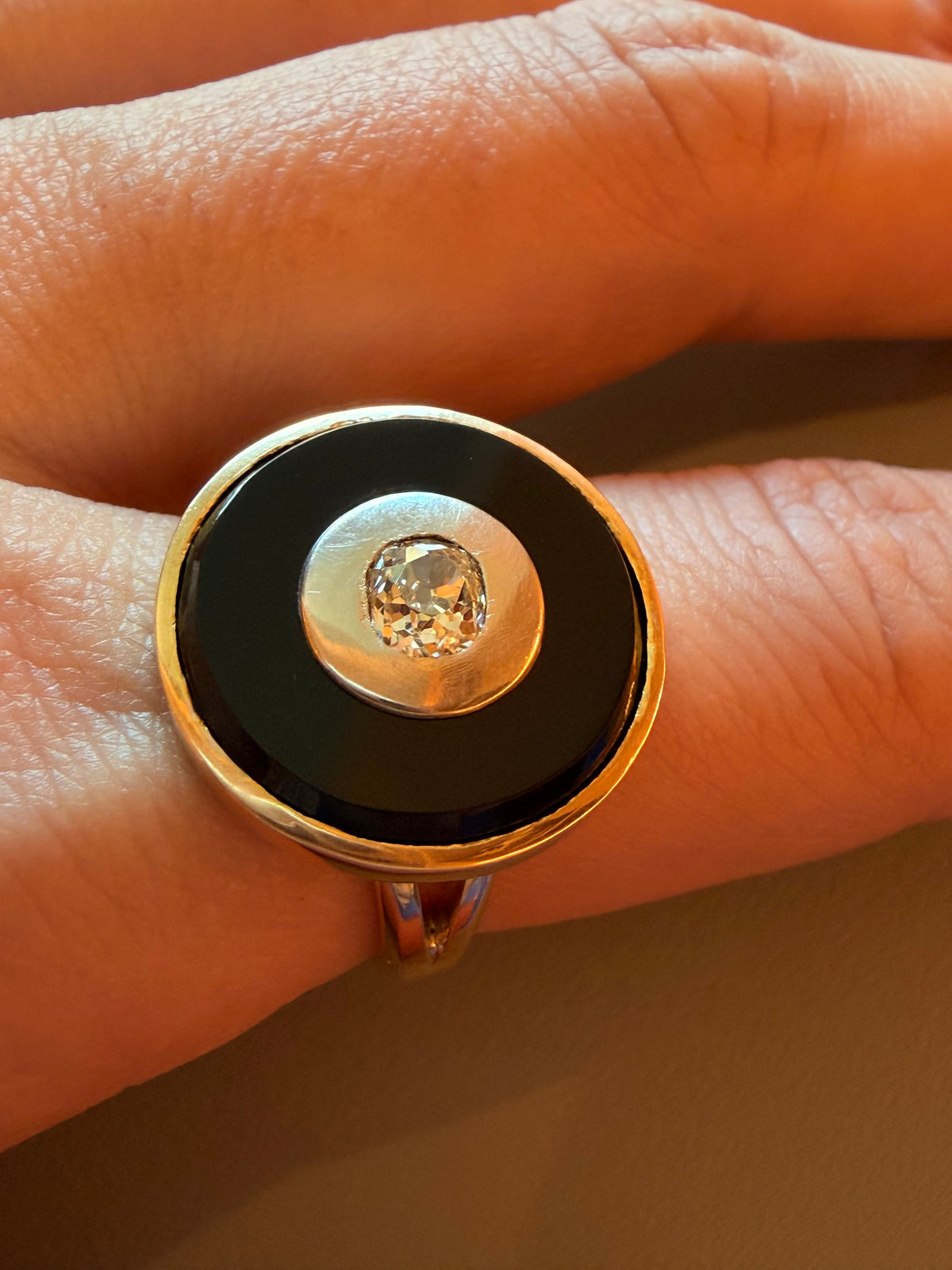 Vintage 18K onyx target ring with .5 ctw old mine cut diamond, size 7.25-7.5