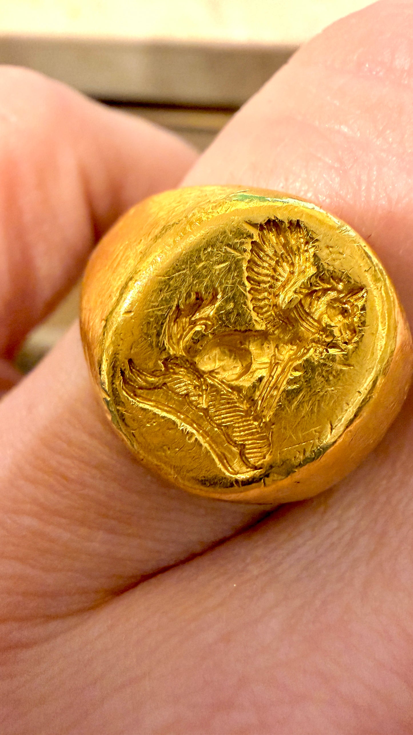 Vintage yellow 22K Griffin carved signet ring, size 6.25