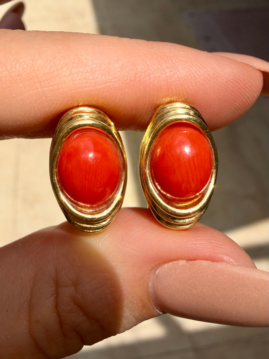 Vintage 18K natural red coral omega back earrings with ribbed details