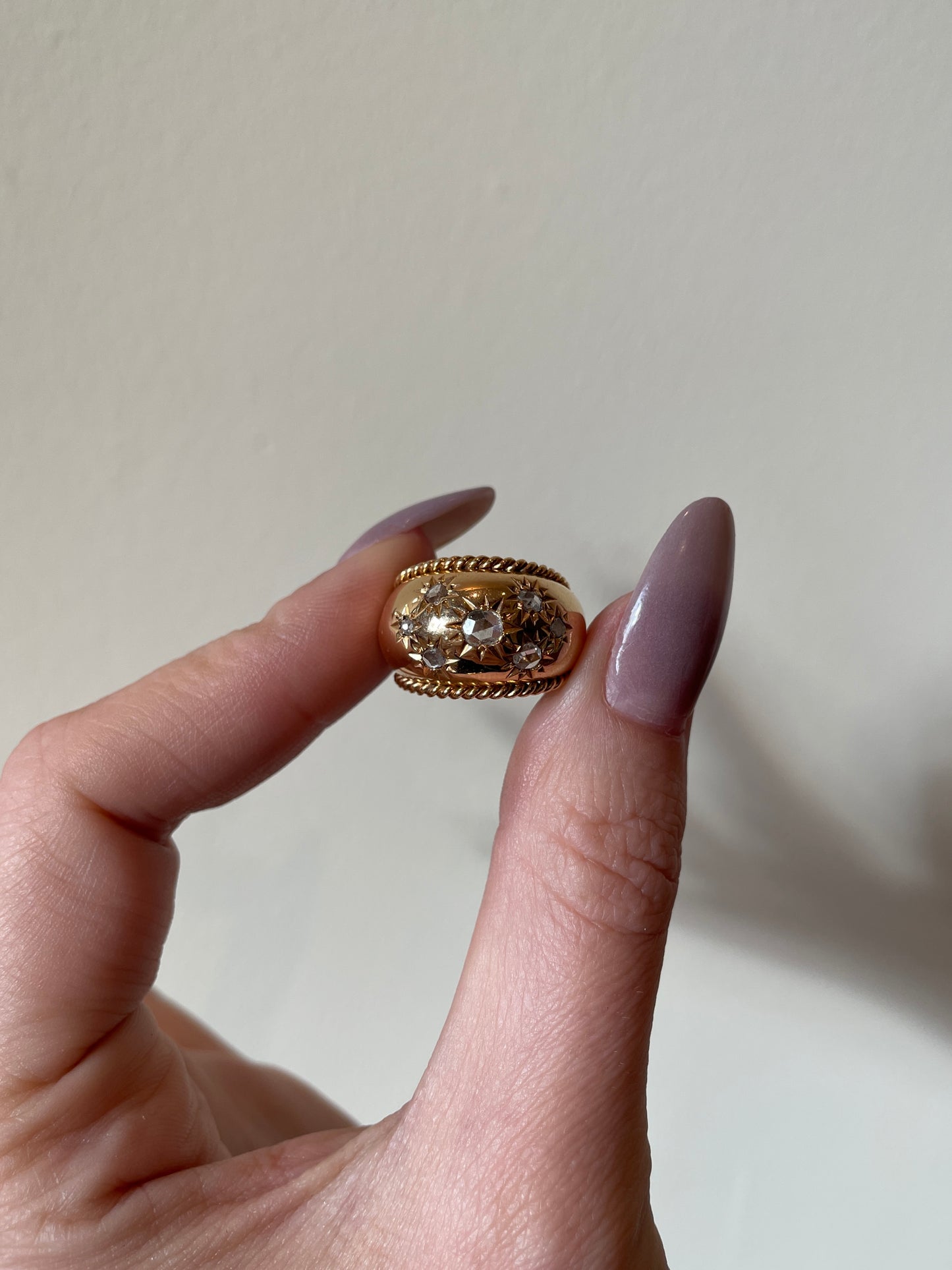 Antique French rosy yellow 18K approx .4 ctw star set rose cut diamond ring, size 4.25
