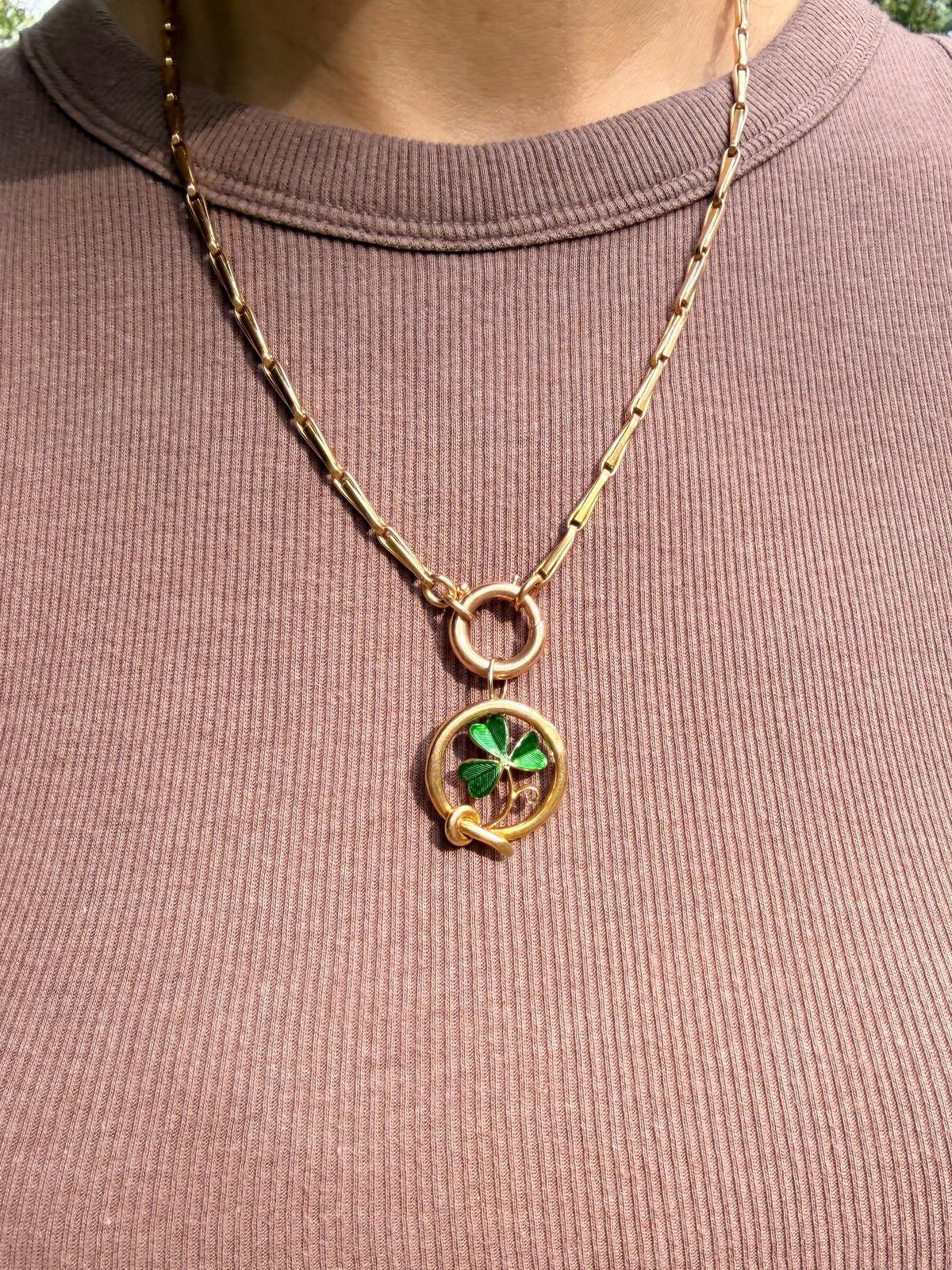 Antique yellow 15K Victorian enamel clover and belt pendant