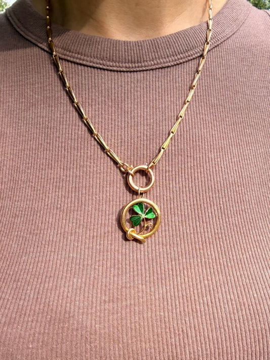 Antique yellow 15K Victorian enamel clover and belt pendant