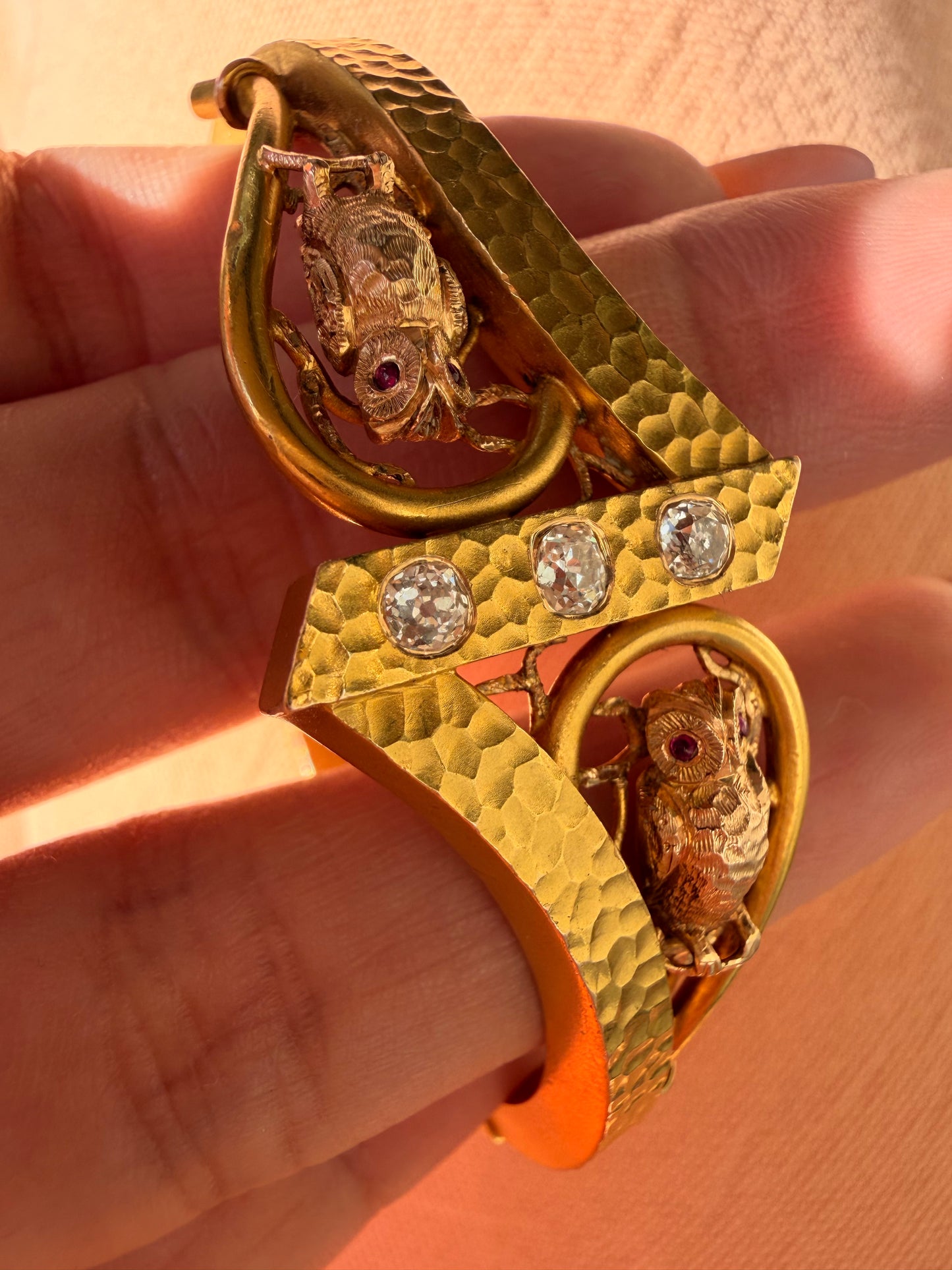 Antique 14K owls hinge bangle with approx .35ctw old mine cut diamonds