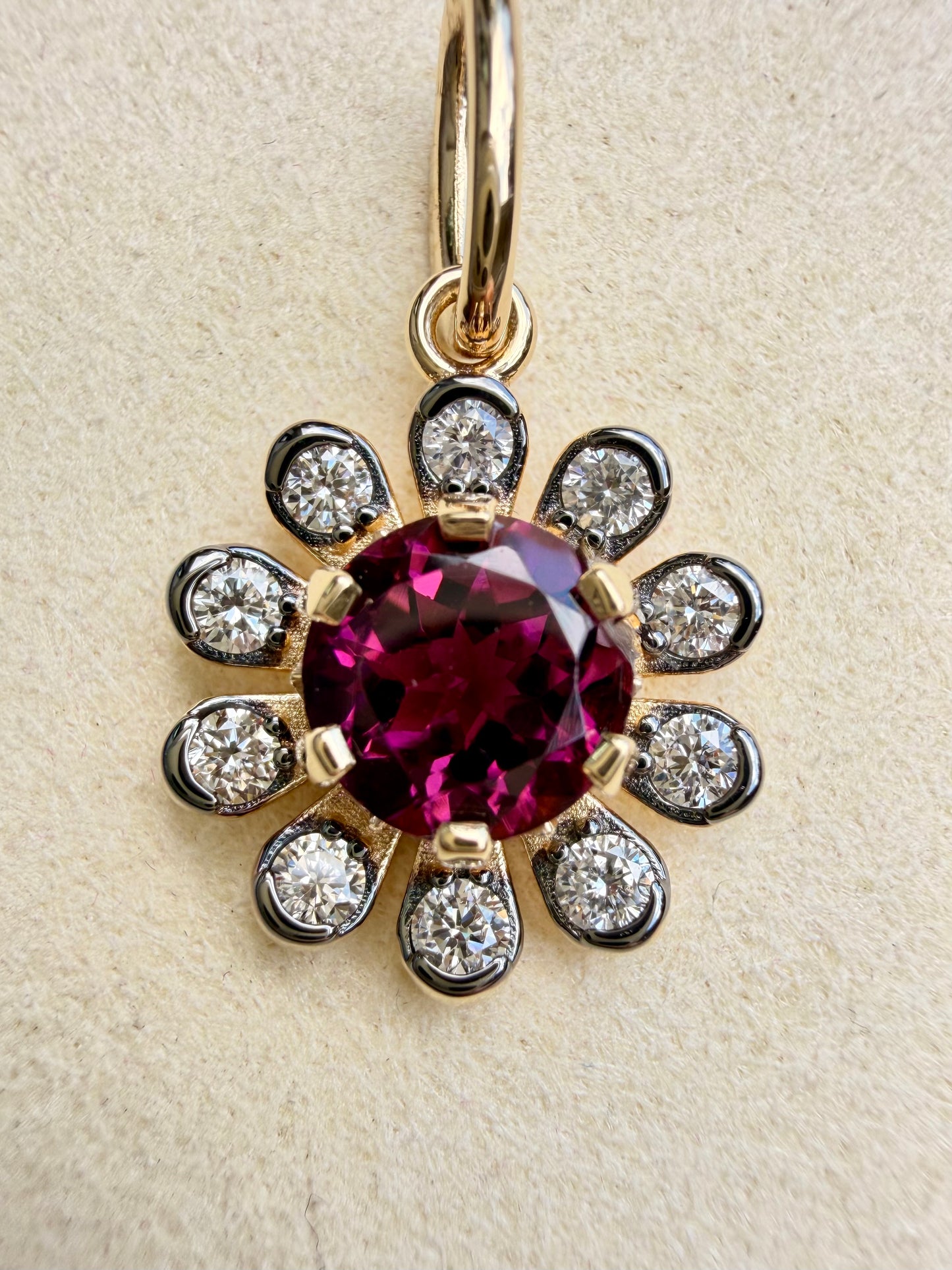 3GOG Natural Plum Pink Rubellite Tourmaline and Diamond Garden Party Flower Pendant with black rhodium 18K