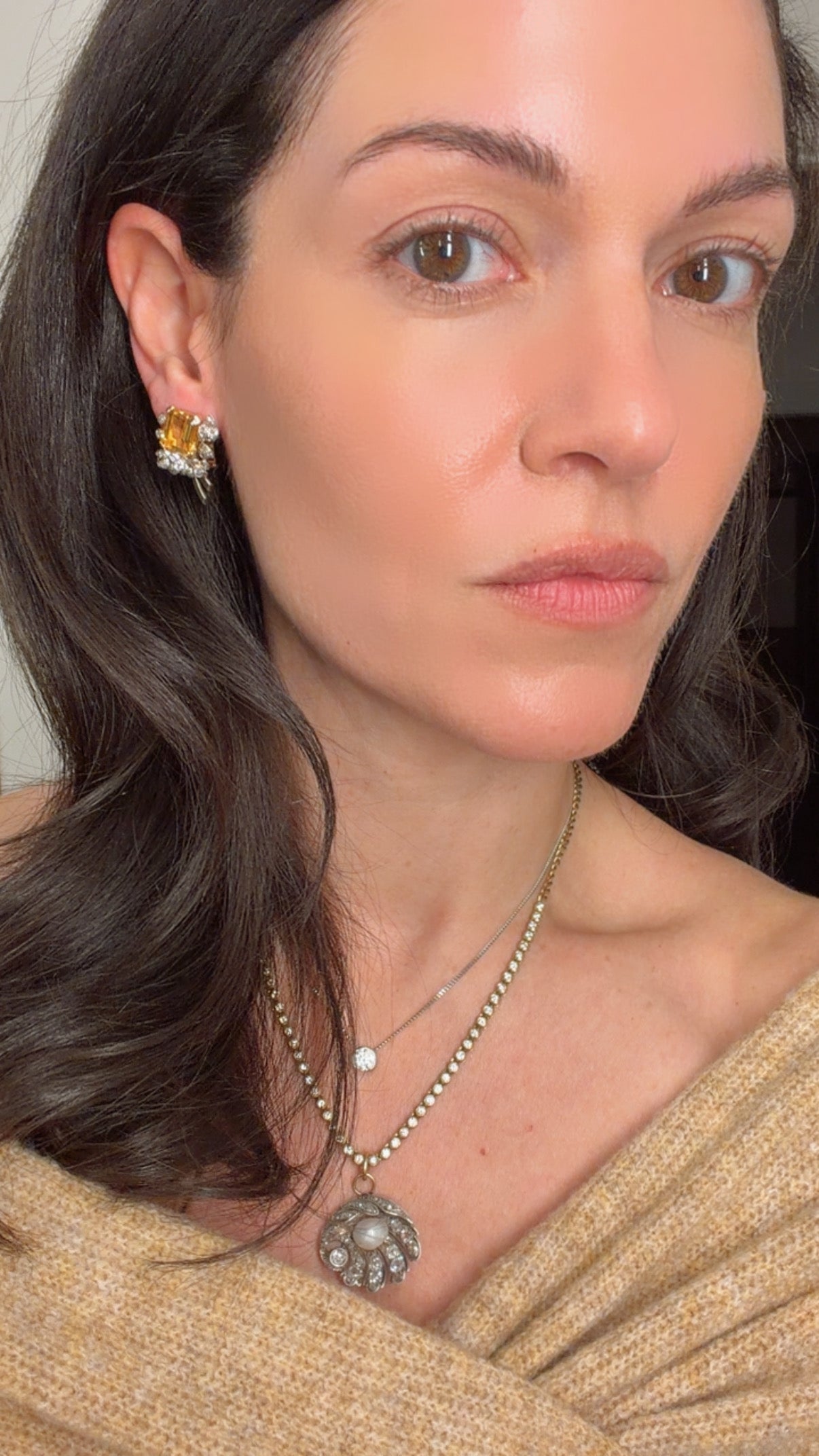 Antique Platinum and yellow 18K approx 10 ctw citrine and 1.2 ctw old mine cut diamond and rose cut diamond omega back earrings