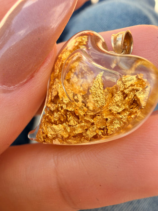 Vintage 14K pure gold flakes in oil heart pendant