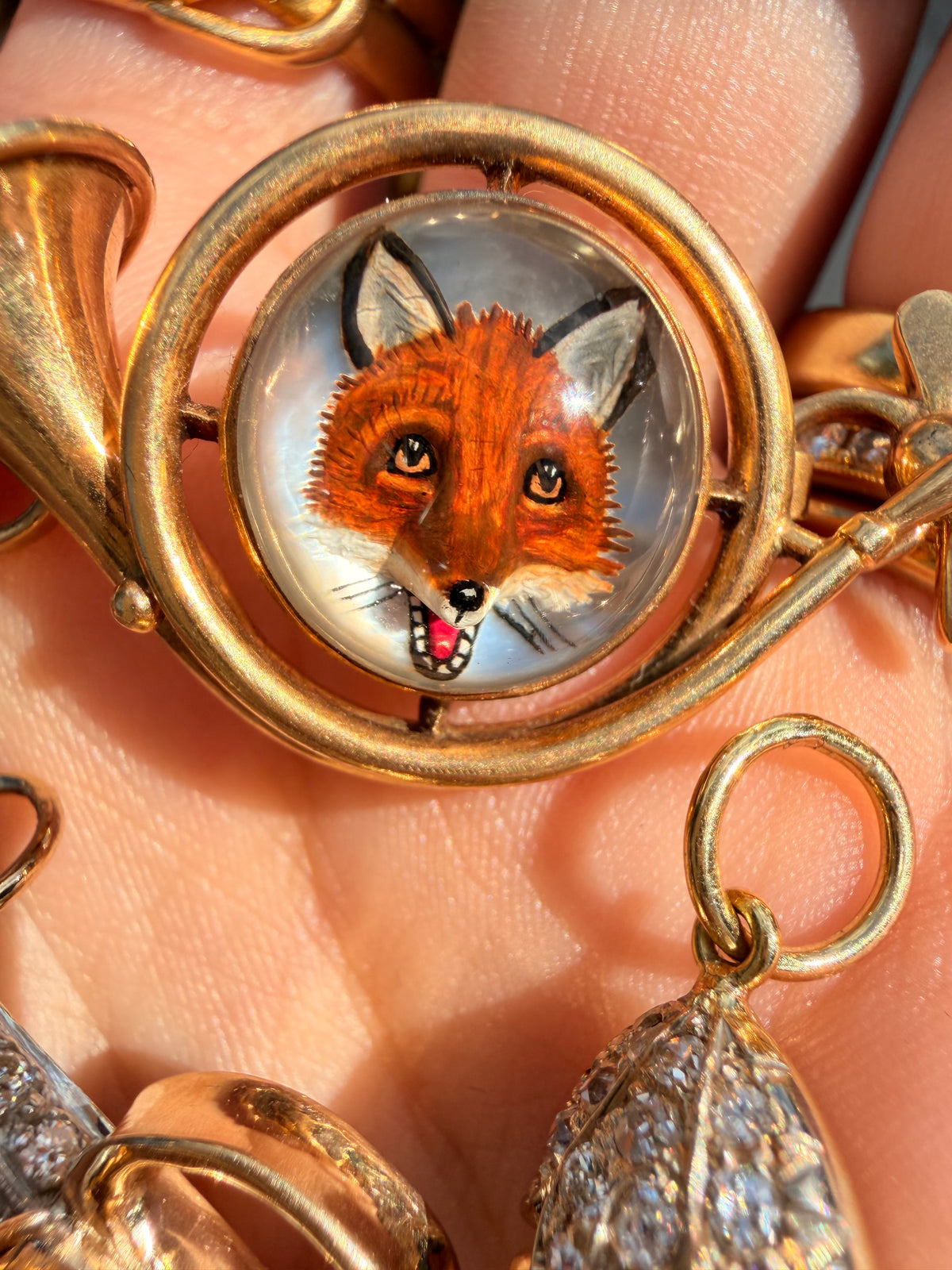 Antique 14K fox equestrian Essex crystal horsebit bracelet, 7.5 inch