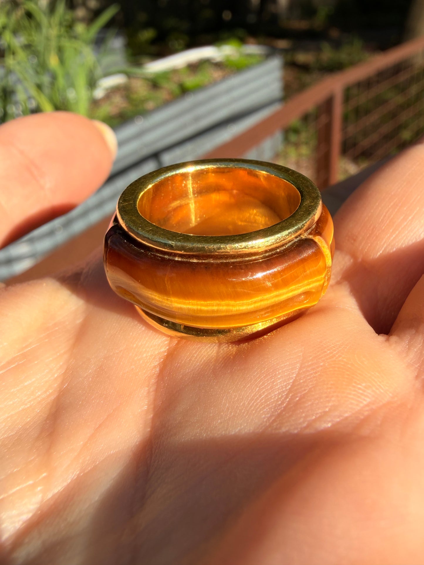 Vintage yellow 18K Tiffany & Co tigers eye inlay bamboo wide ring, size 5.75