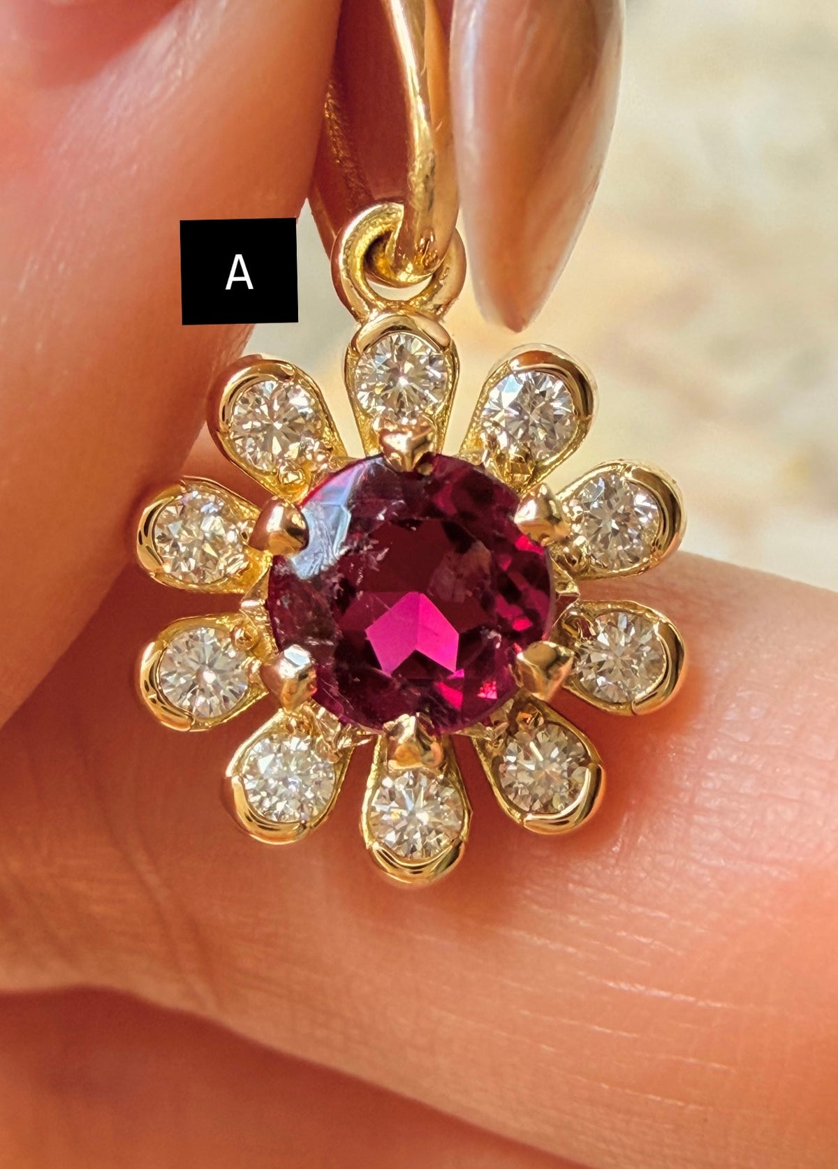3GOG Natural Rubellite Tourmaline and Diamond Flower Pendant 18K - Oct 2026 drop