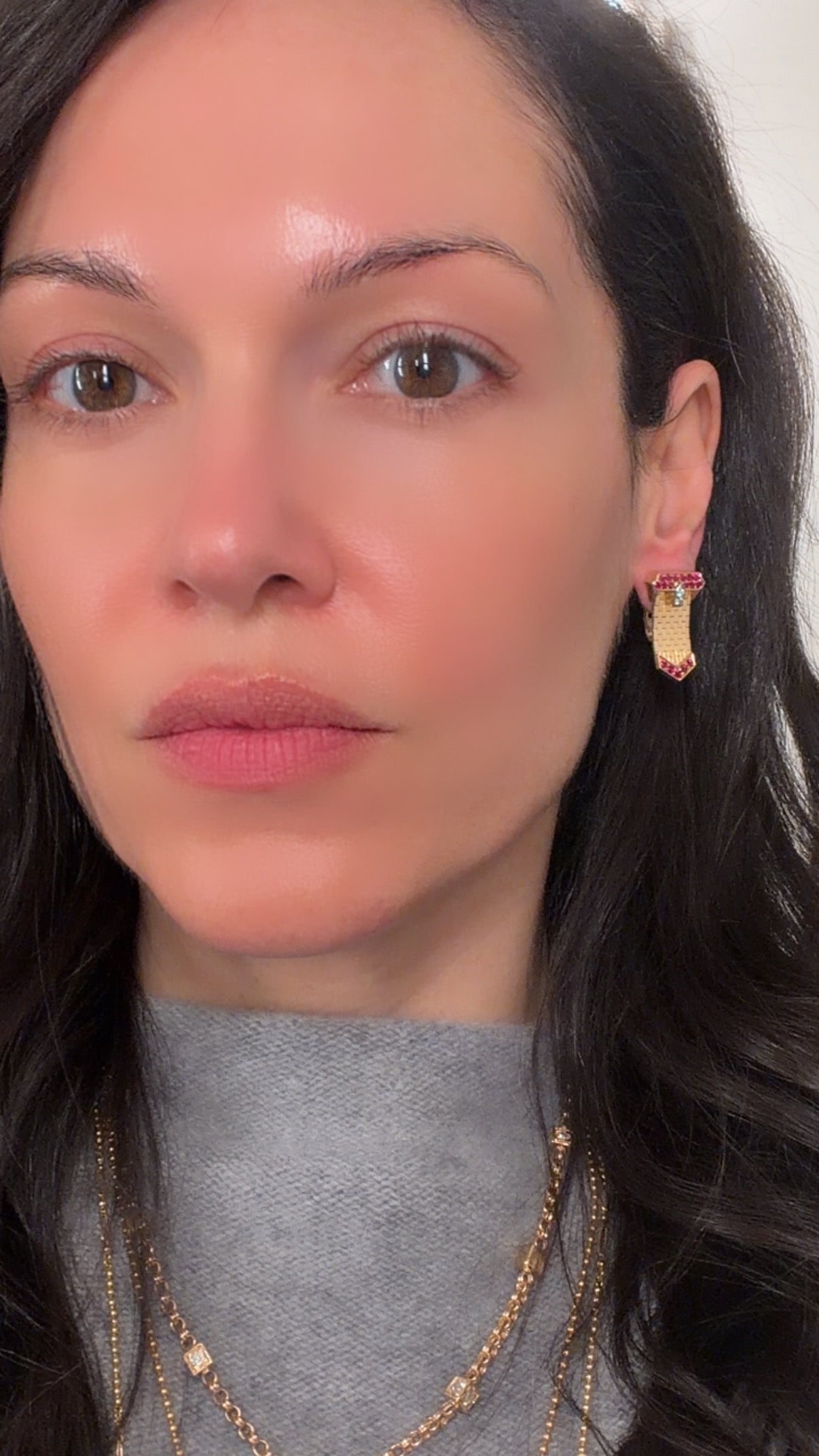 Vintage Retro era yellow 14K approx 1.4ctw natural ruby and .16ctw diamond belt buckle earrings