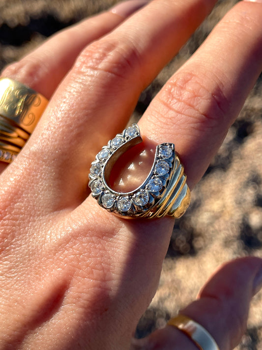 Vintage yellow and white 14K approx .98 ctw diamond horseshoe ring, size 8-8.25