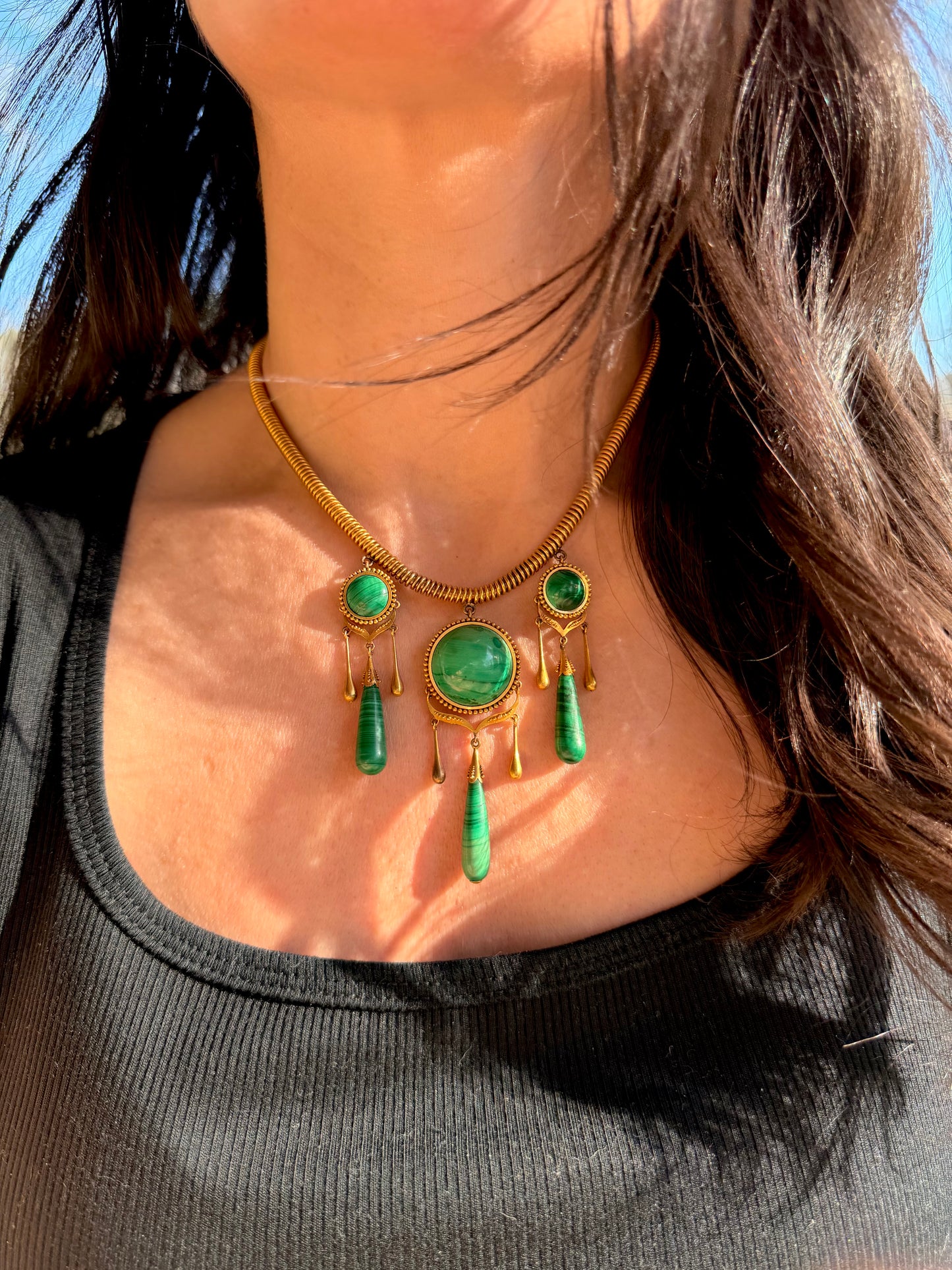 Antique yellow 18K tubogas malachite drop necklace, 16 and 1/8 inch