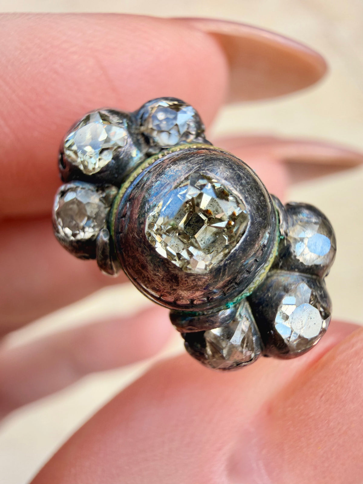 Antique early 1800s 14K and silver table cut and old cut diamond ring, size 5.25