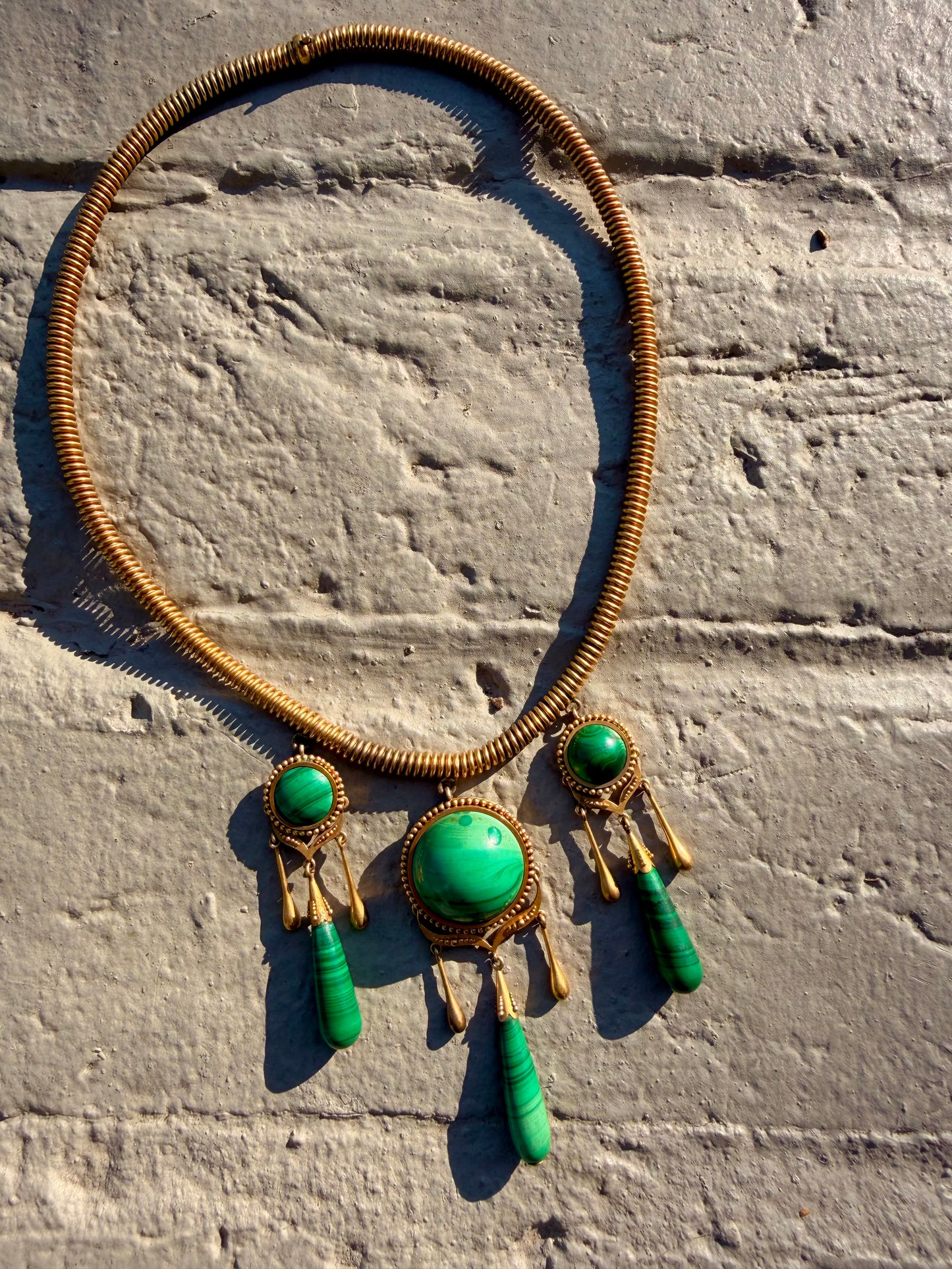 Antique yellow 18K tubogas malachite drop necklace, 16 and 1/8 inch