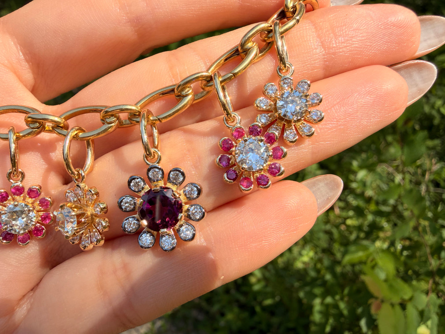 3GOG Natural Plum Pink Rubellite Tourmaline and Diamond Garden Party Flower Pendant with black rhodium 18K