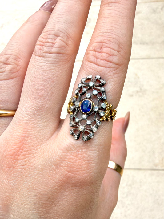 Antique yellow 18K gold ring with approx .48ctw rose cut diamond and .42 ctw sapphire, size 7