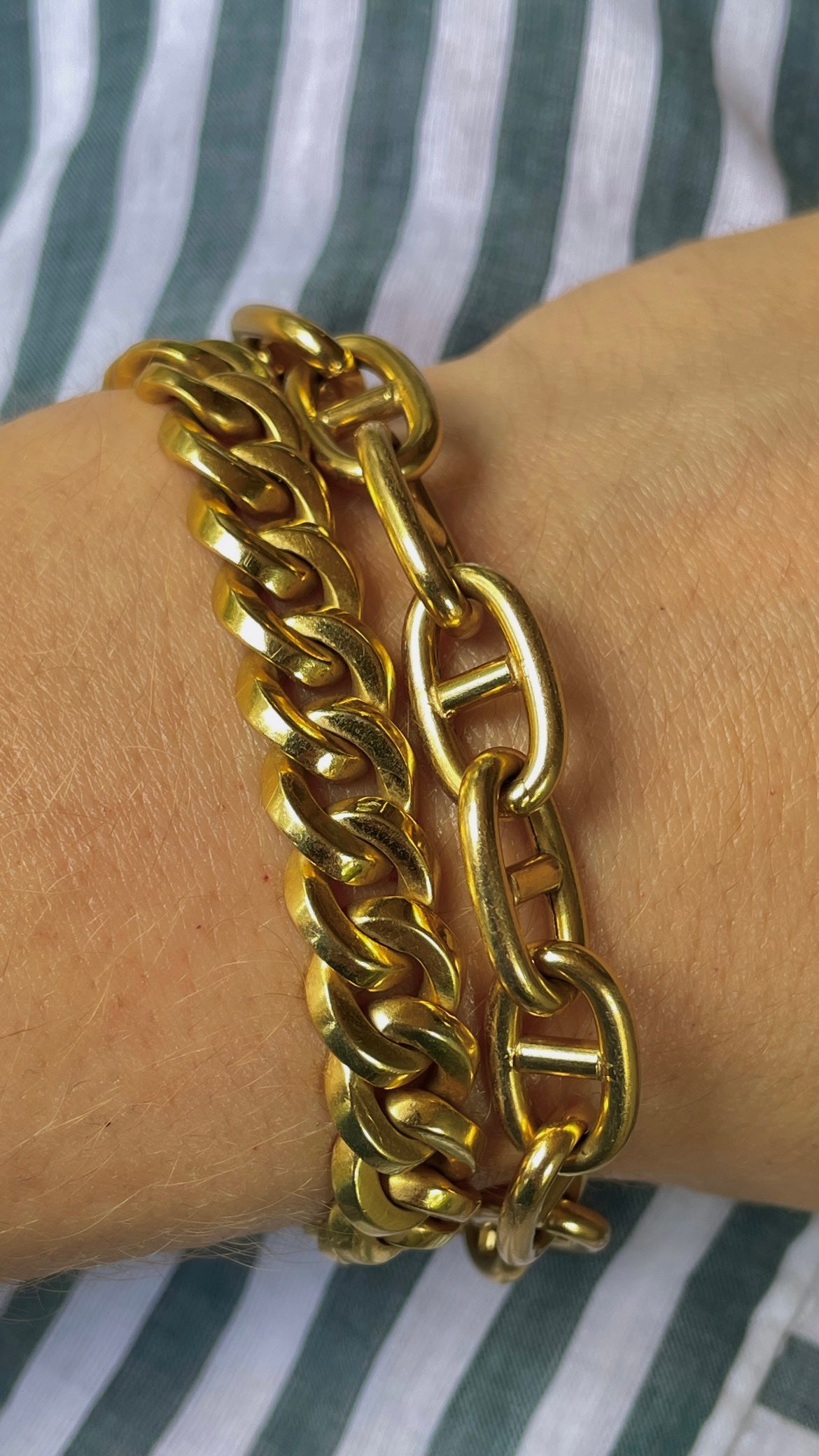 Vintage French yellow 18K gold round anchor link chain and bracelet set