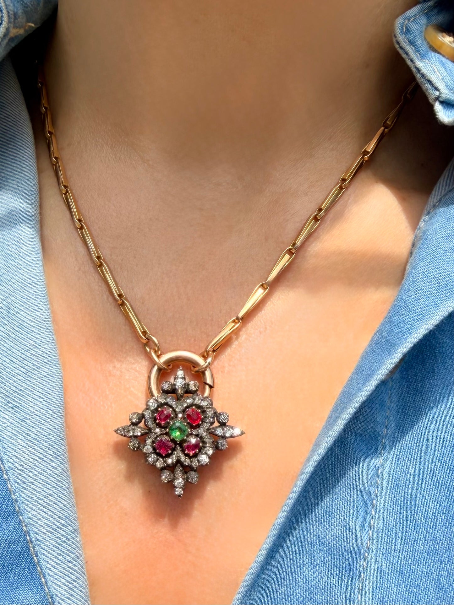 Antique 18K and silver approx 1.6 ctw old mine, peruzzi and old cut diamond, .75 ctw Burma ruby, and .38 ctw emerald brooch
