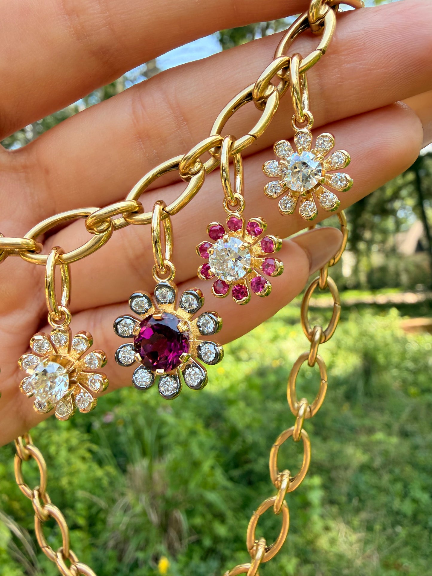 3GOG Natural Plum Pink Rubellite Tourmaline and Diamond Garden Party Flower Pendant with black rhodium 18K