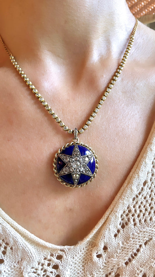 Antique yellow 14K approx over 4 ctw old mine cut and rose cut diamond blue enamel star statement pendant