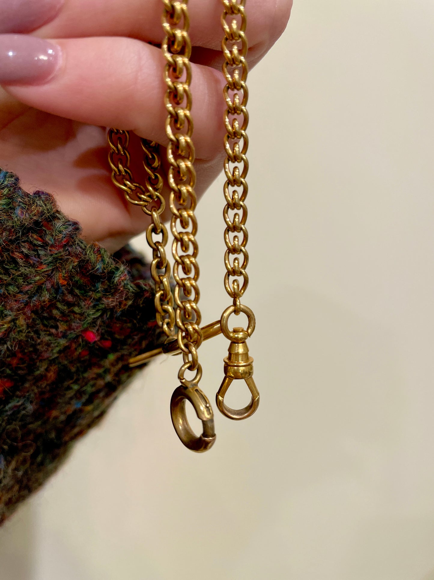 Antique yellow 14K gold watch chain necklace with bolt and dog clip, 16 and 5/8 inch