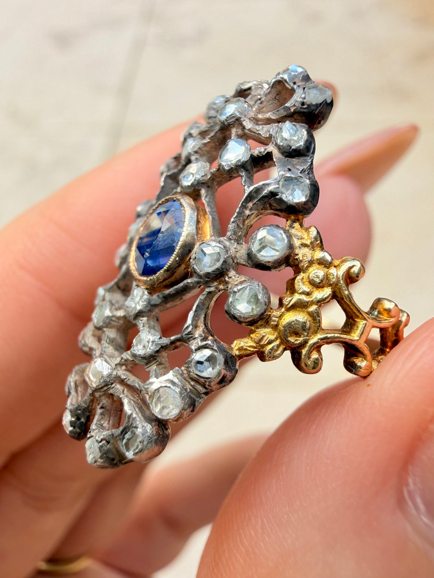 Antique yellow 18K gold ring with approx .48ctw rose cut diamond and .42 ctw sapphire, size 7