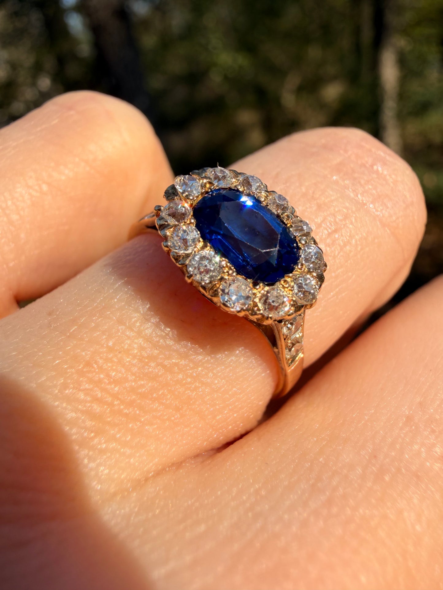 Antique yellow 14K unheated 1.05ctw royal blue sapphire and approx .38ctw diamond halo ring, size 7.25