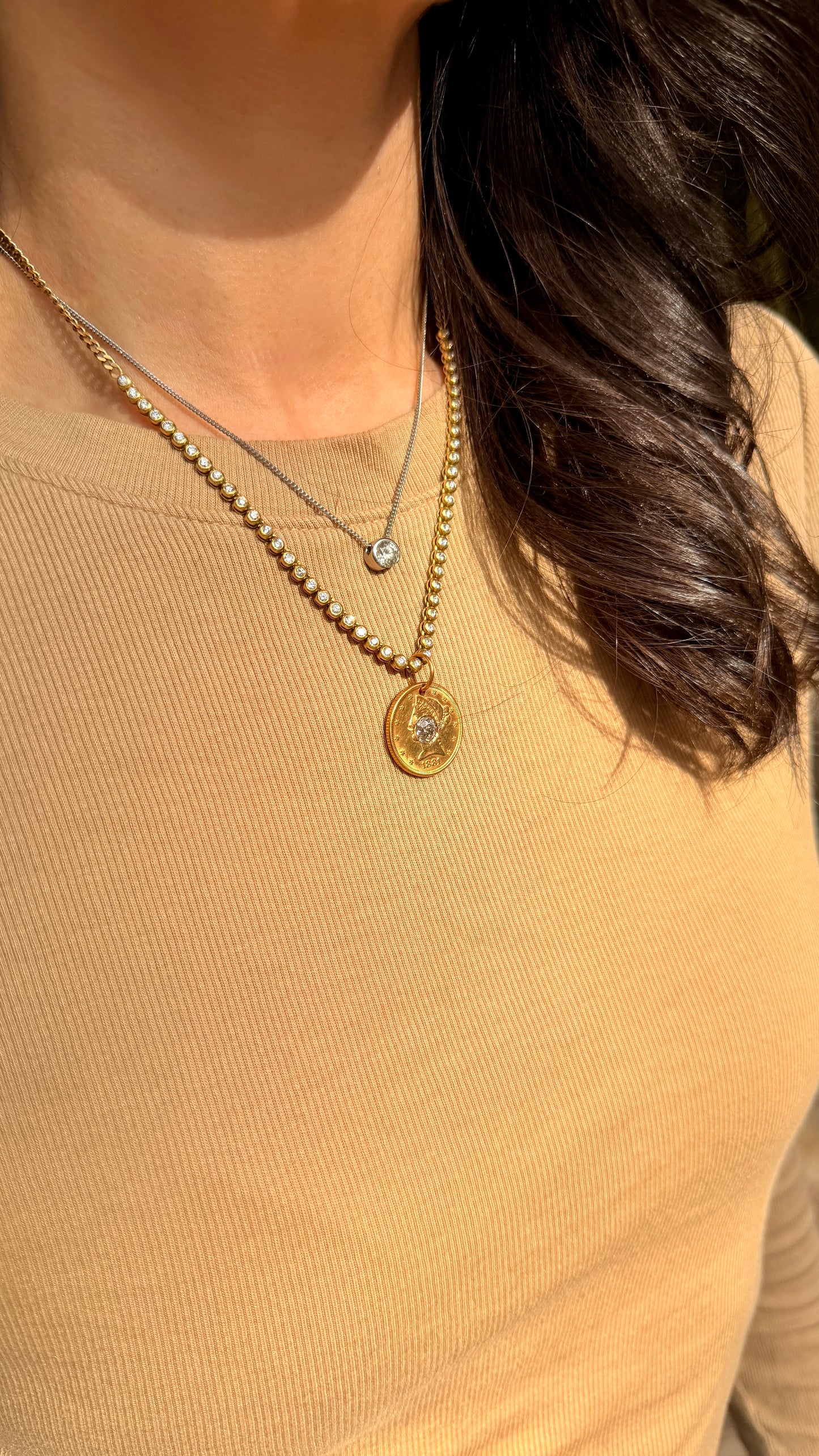 Antique yellow 21K gold 1881 $5 US Liberty coin with approx 1.1 ctw old mine cut diamond pendant