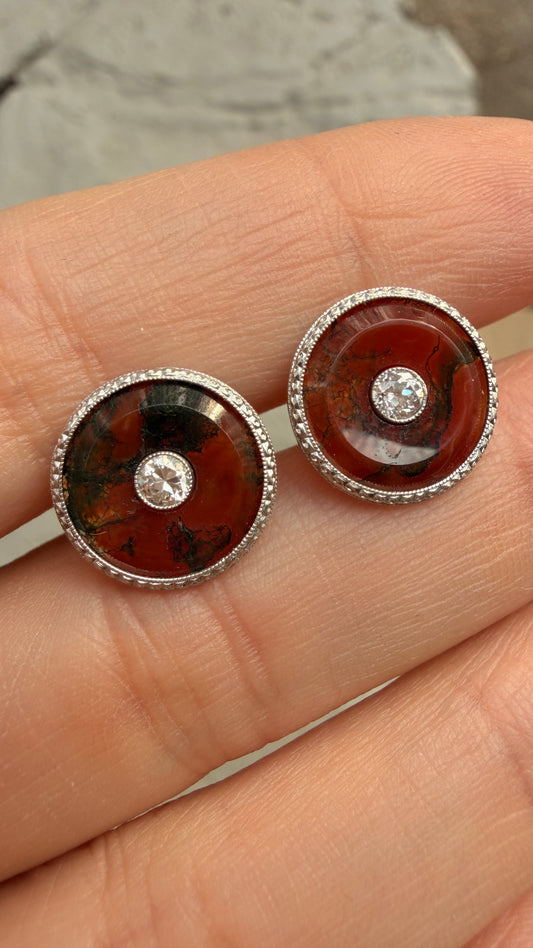 Antique Platinum and yellow 18K agate and .22ctw old European cut diamond post earrings