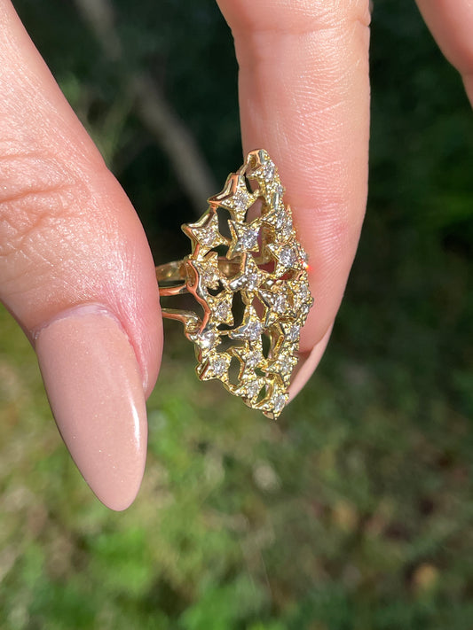 Vintage yellow 18K approx 1 ctw diamond star statement ring, size 6.25