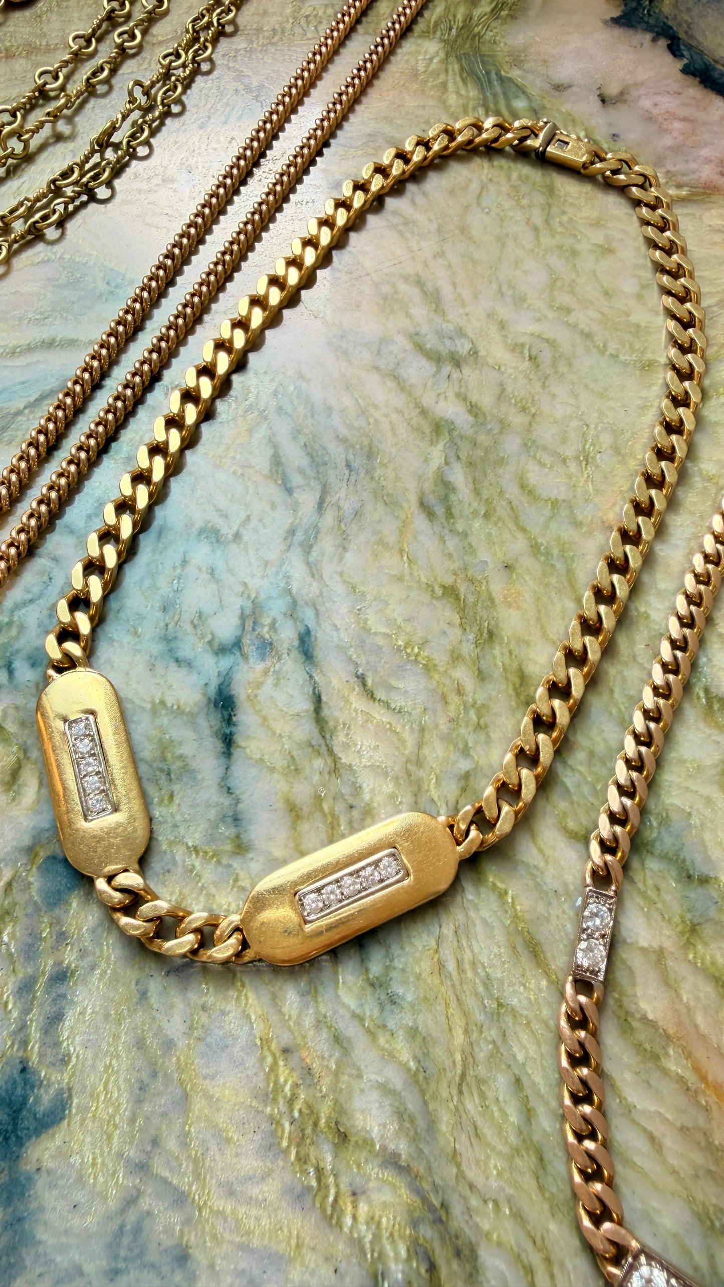 Vintage yellow 18K Chimento designer diamond bars curb chain, 15 inch