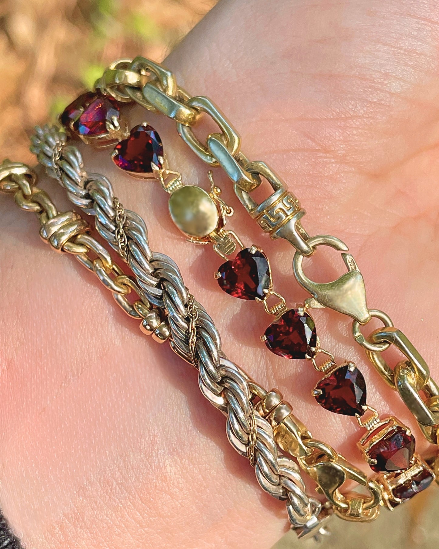 Vintage yellow 14K garnet gemstone heart bracelet, 7 inch