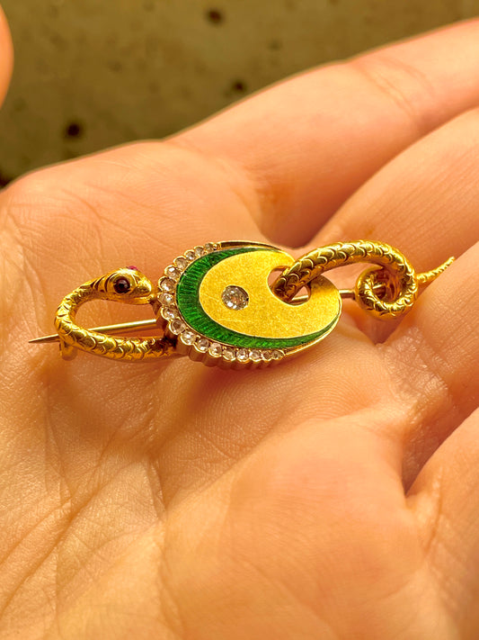[PRIVATE] Antique yellow 18K snake pin with green enamel, ruby, old mine cut and rose cut diamonds