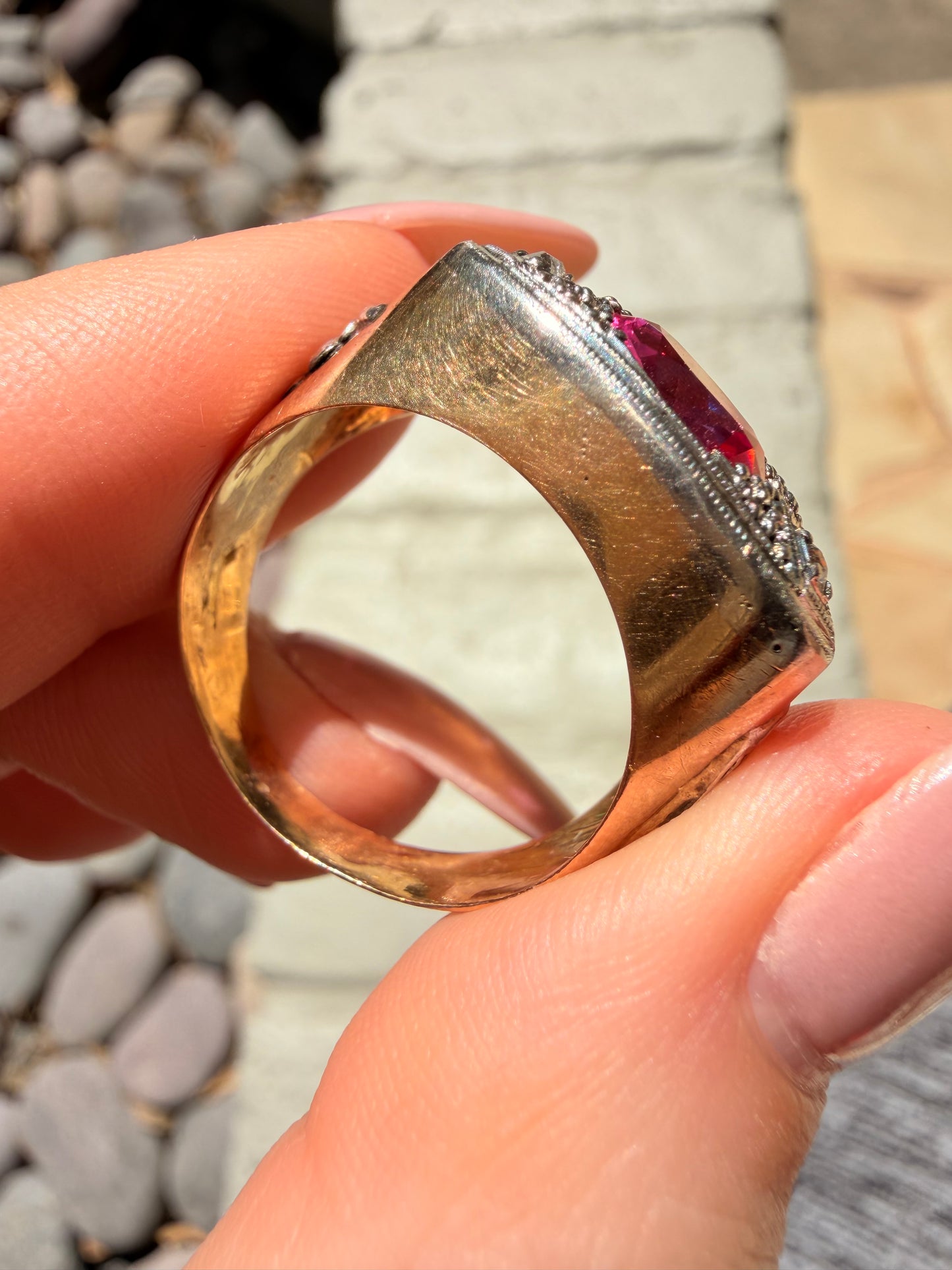 Vintage 10K pink sapphire ring with diamonds
