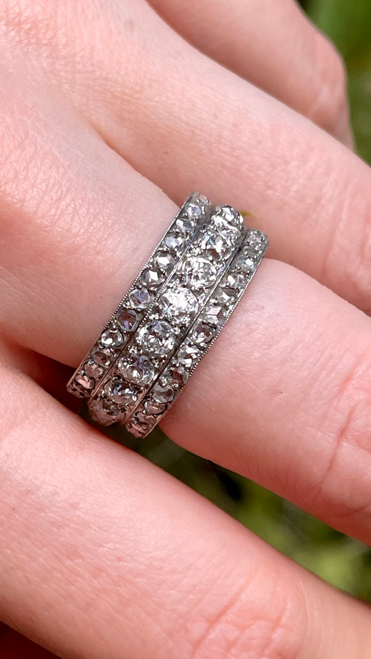 Antique platinum approx 3.5 ctw old mine, old cut and rose cut diamond eternity ring, size 7