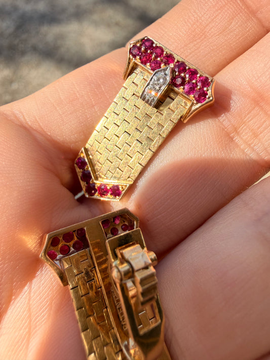 Vintage Retro era yellow 14K approx 1.4ctw natural ruby and .16ctw diamond belt buckle earrings