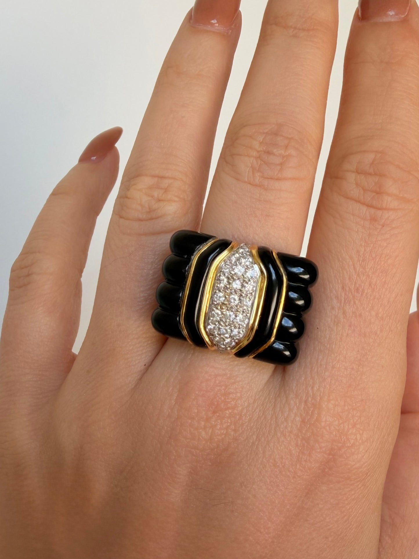 Vintage yellow 18K gold circa 1970s onyx and .23 ctw diamond statement ring, size 6.5