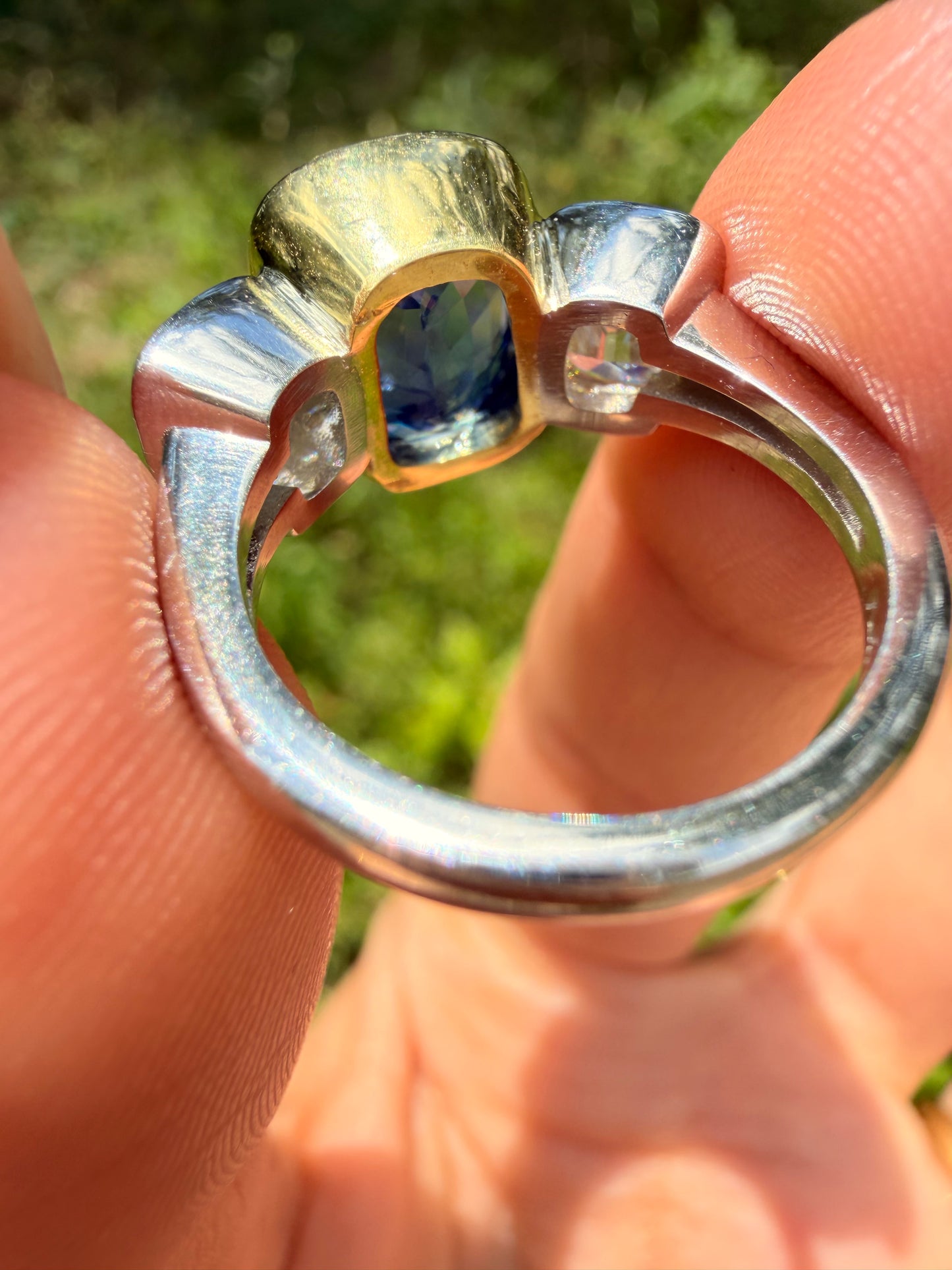 Vintage yellow 18K and platinum unheated over 5.6ctw GIA Ceylon Sapphire and 1.8ctw antique old mine cut cushion ring, size 7