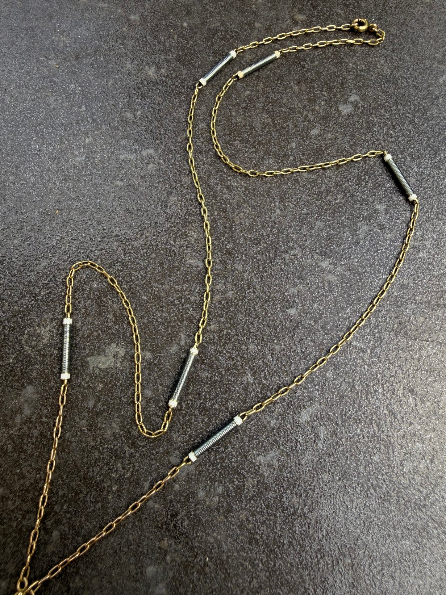Antique yellow 14K gold grey and white enamel bar link chain with bolt drop, 21.5 inch